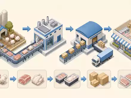 Hormel Foods US4404521001 – isometrisches 3D-Diagramm der Wertschöpfungskette vom Bauernhof bis zum Handel - Foto: THN