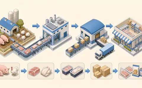 Hormel Foods US4404521001 – isometrisches 3D-Diagramm der Wertschöpfungskette vom Bauernhof bis zum Handel - Foto: THN