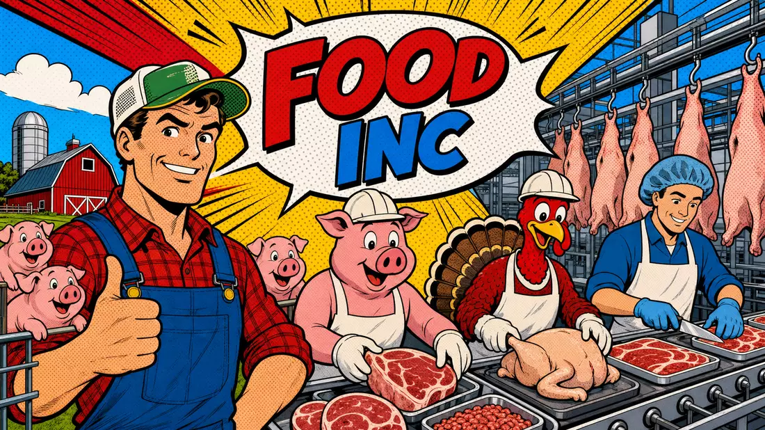 Pop-Art-Comic: Cartoon-Bauer Schwein Truthahn Fabrikarbeiter in Fleischproduktion Halbtöne