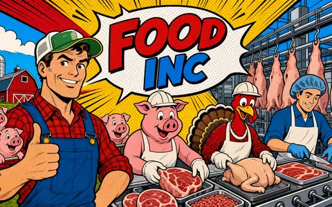 Hormel Foods US4404521001 – Pop-Art-Comicszene mit Schwein Truthahn und Farmer in Fleischproduktionsanlage - Foto: THN