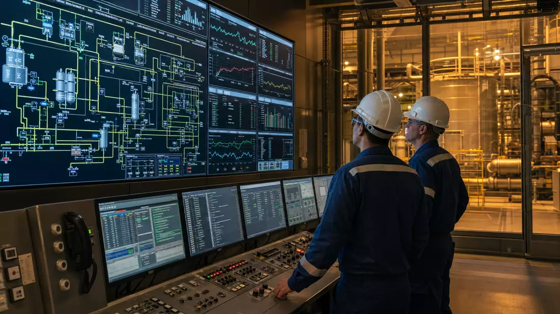 Zwei Ingenieure in Schutzhelmen vor Prozess-Kontrollbildschirm in Industrieanlage