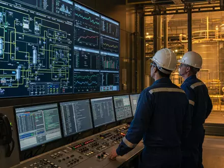 Honeywell US4448591028 Ingenieure überwachen industrielle Automatisierungsanlage mit digitalen Prozessanzeigen im modernen Kontrollraum - Foto: THN