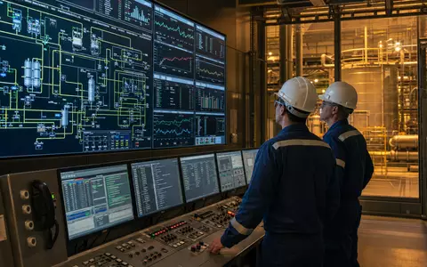 Honeywell US4448591028 Ingenieure überwachen industrielle Automatisierungsanlage mit digitalen Prozessanzeigen im modernen Kontrollraum - Foto: THN