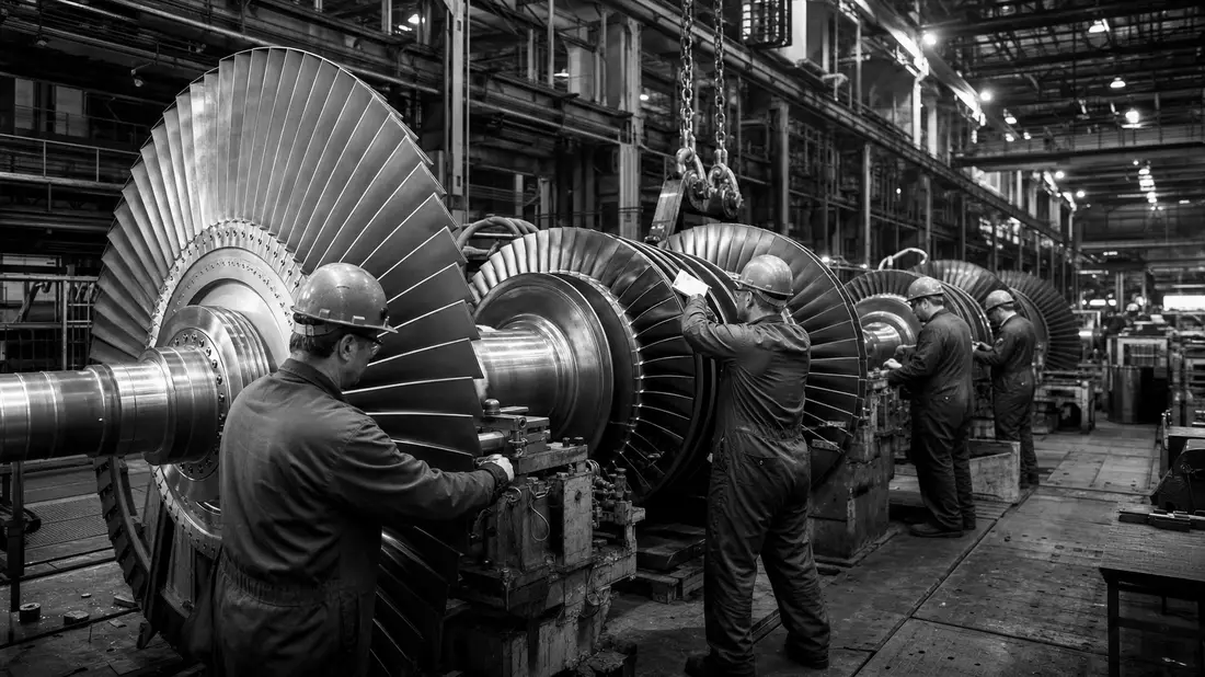 Schwarz-Weiß-Aufnahme von Arbeitern an Turbinenmontage in großer Industriehalle