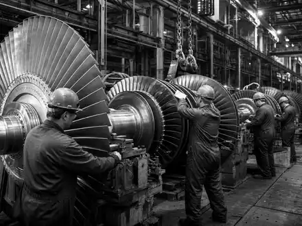 Honeywell US4448591028 dokumentarische SchwarzweiĂ-Aufnahme von Arbeitern an schweren Turbinen in der Montagehalle - Foto: THN