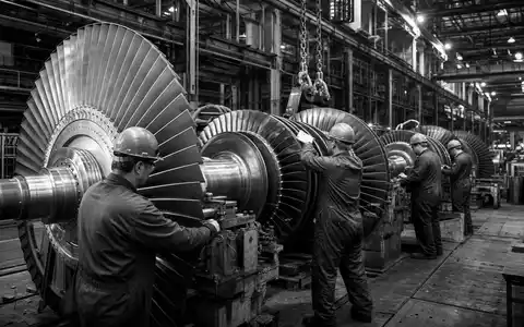 Honeywell US4448591028 dokumentarische Schwarzweiß-Aufnahme von Arbeitern an schweren Turbinen in der Montagehalle - Foto: THN