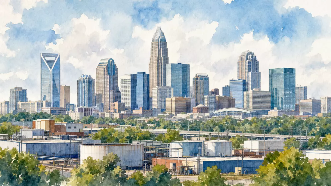 Aquarellmalerei der Skyline von Charlotte mit Industriegebäuden und weichen Pastellfarben