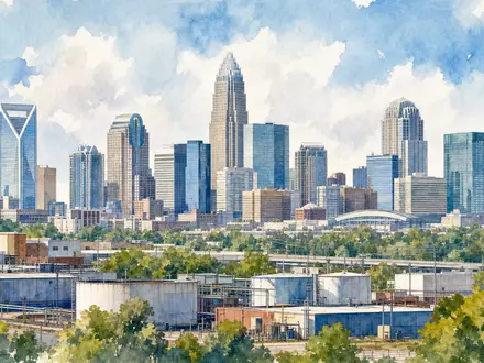 Honeywell US4448591028 Aquarell-Illustration des Charlotte Stadtpanoramas mit nahen Industrieanlagen und sanften Pastellfarben - Foto: THN