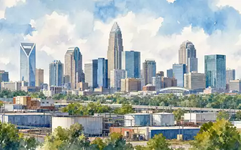 Honeywell US4448591028 Aquarell-Illustration des Charlotte Stadtpanoramas mit nahen Industrieanlagen und sanften Pastellfarben - Foto: THN