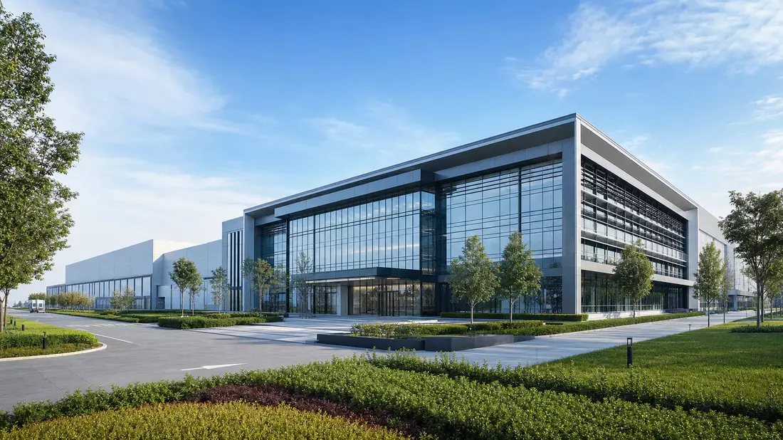 CGI-Rendering eines modernen Industriecampus mit Glasfassade und Grünanlage bei blauem Himmel