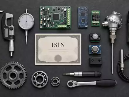 Honeywell US4448591028 Flatlay mit Präzisionswerkzeugen Sensormodulen Lagern und ISIN-Zertifikatskarte auf dunklem Schiefer - Foto: THN
