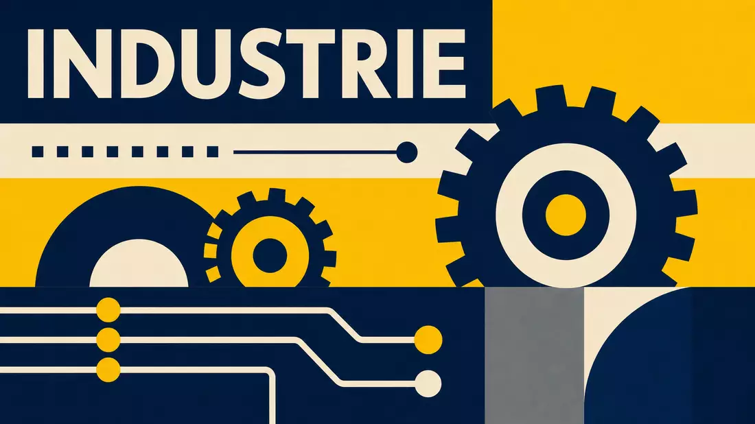 Bauhaus-Poster mit Text INDUSTRIE, geometrischen Zahnrädern und Schaltkreisen in Navy und Gelb