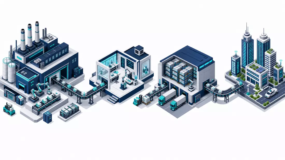 Isometrische 3D-Illustration einer industriellen Wertschöpfungskette von Fabrik bis Smart City