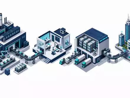 Honeywell US4448591028 isometrische 3D-Illustration der industriellen Wertschöpfungskette von Fabrik bis modernes Stadtgebäude - Foto: THN