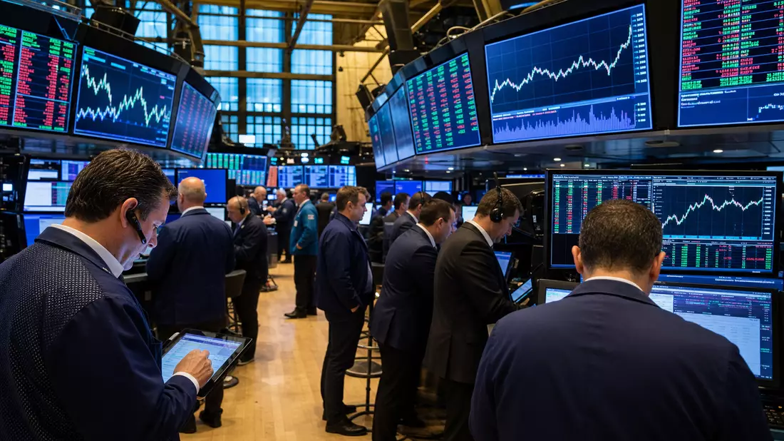 Redaktionelle Aufnahme des NYSE-Handelssaals mit Brokern und Industriesektor-Kursdisplays