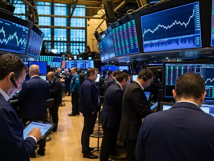 Honeywell US4448591028 NYSE-Börsen-Editorial mit Brokern am belebten Handelssaal und Industriesektor-Kursanzeigen auf Displays - Foto: THN