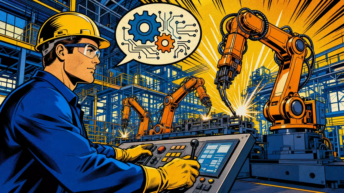 Pop-Art-Comic eines Ingenieurs am Steuerpult mit Roboterarmen und Zahnrad-Sprechblase in Fabrik