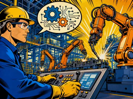 Honeywell US4448591028 Pop-Art-Comic zeigt Ingenieur steuert Roboterarme in Fabrik mit bunter Zahnrad-Sprechblase - Foto: THN