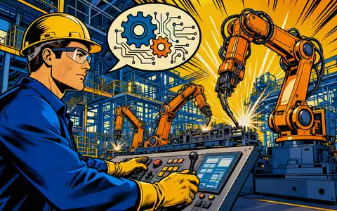 Honeywell US4448591028 Pop-Art-Comic zeigt Ingenieur steuert Roboterarme in Fabrik mit bunter Zahnrad-Sprechblase - Foto: THN