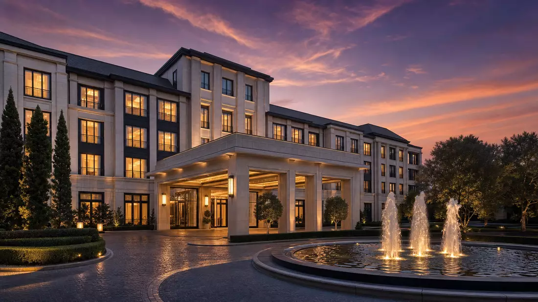 Fotorealistisches Luxushotel mit Brunnen und Einfahrt bei Abenddämmerung, Host Hotels & Resorts
