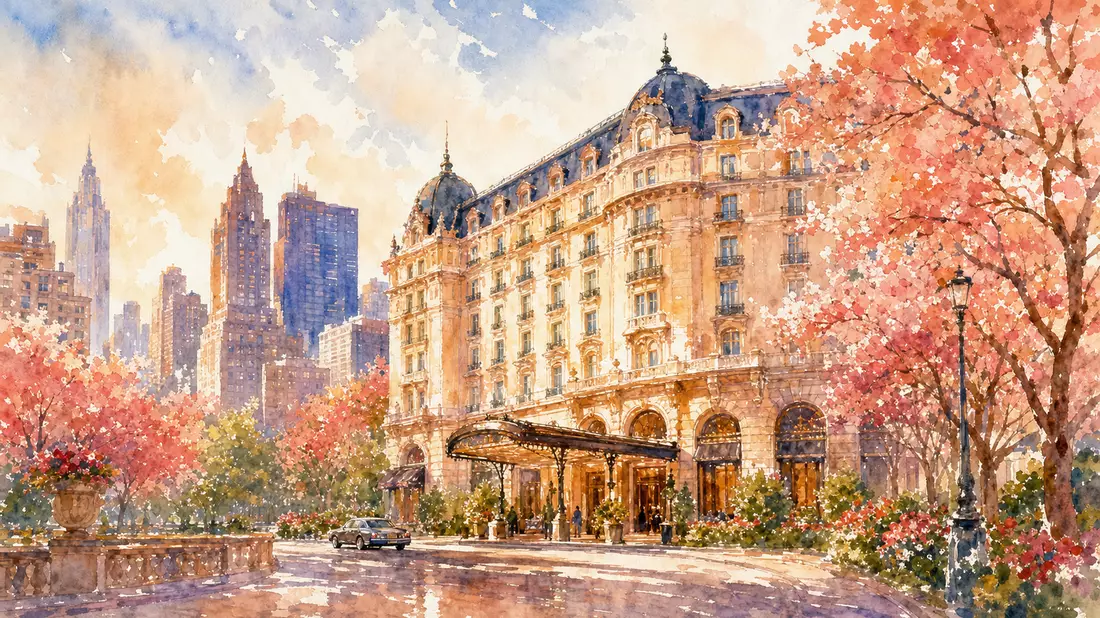 Aquarell-Illustration eines eleganten Stadthotels mit Kirschblüten und Skyline, Host Hotels & Resorts