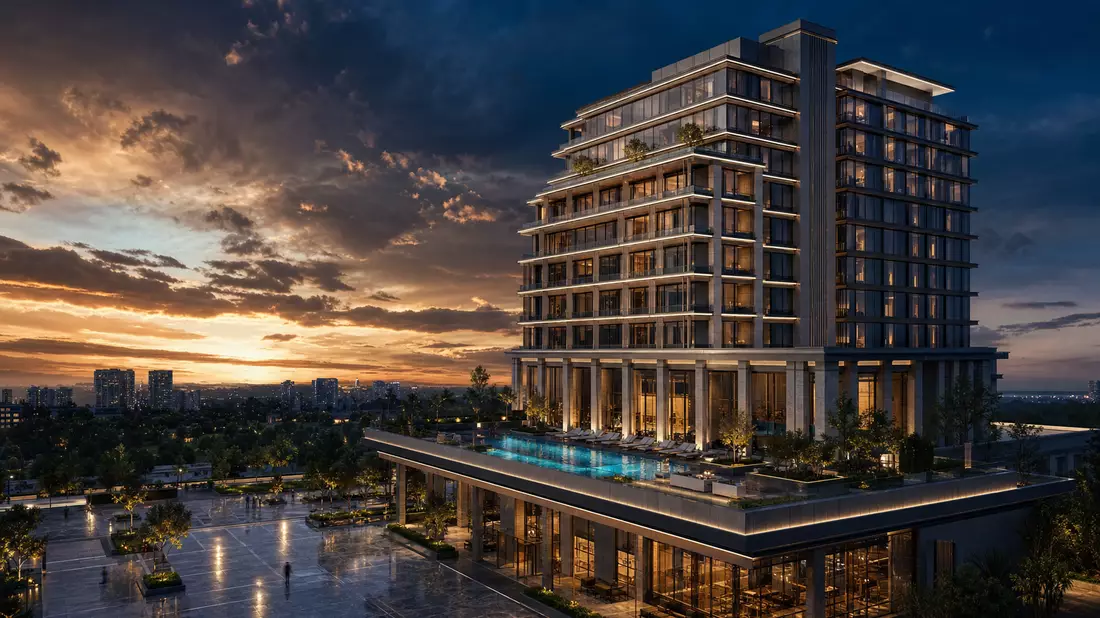 Architektur-CGI-Render: moderner Hotelturm mit Dachpool bei Sonnenuntergang, Host Hotels & Resorts