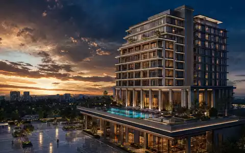 Host Hotels & Resorts US44107P1049 – CGI-Architekturrender eines modernen Hotelturms mit Poolterrasse - Foto: THN