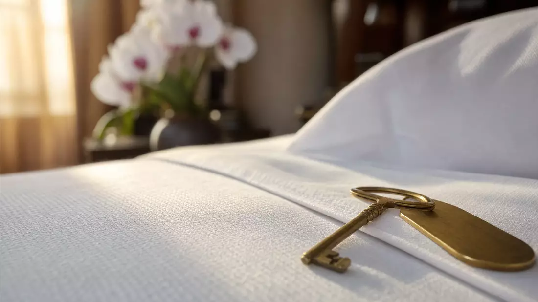 Makro-Detail: weißes Leinentuch mit Messingschlüssel und verschwommener Orchidee, Host Hotels