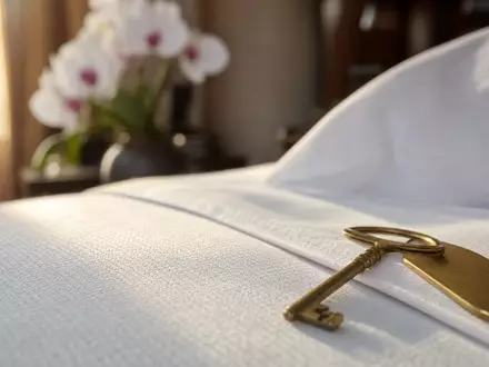 Host Hotels & Resorts US44107P1049 – Makroaufnahme von weißer Hotelwäsche mit goldenem Zimmerschlüssel - Foto: THN