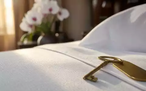 Host Hotels & Resorts US44107P1049 – Makroaufnahme von weißer Hotelwäsche mit goldenem Zimmerschlüssel - Foto: THN