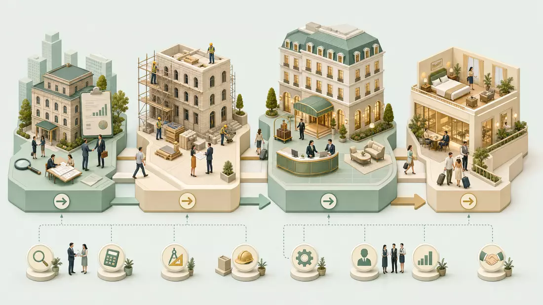 Isometrisches 3D-Prozessdiagramm: Hotelerwerb, Renovation, Betrieb und Vermietung, Host Hotels