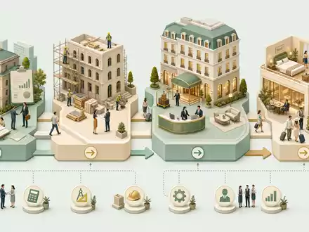 Host Hotels & Resorts US44107P1049 – isometrisches 3D-Diagramm der Wertschöpfungskette im Hotelsektor - Foto: THN
