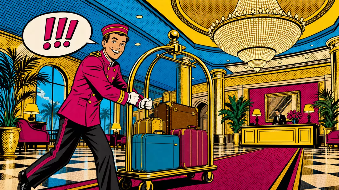 Pop-Art-Comic: Bellboy mit goldenem Gepäckwagen in prunkvollem Hotellobby, Host Hotels & Resorts