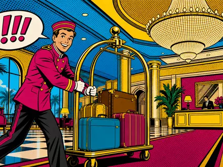 Host Hotels & Resorts US44107P1049 – Pop-Art-Comicszene mit Bellhop und goldenem Gepäckwagen im Hotellobby - Foto: THN