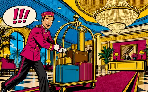 Host Hotels & Resorts US44107P1049 – Pop-Art-Comicszene mit Bellhop und goldenem Gepäckwagen im Hotellobby - Foto: THN