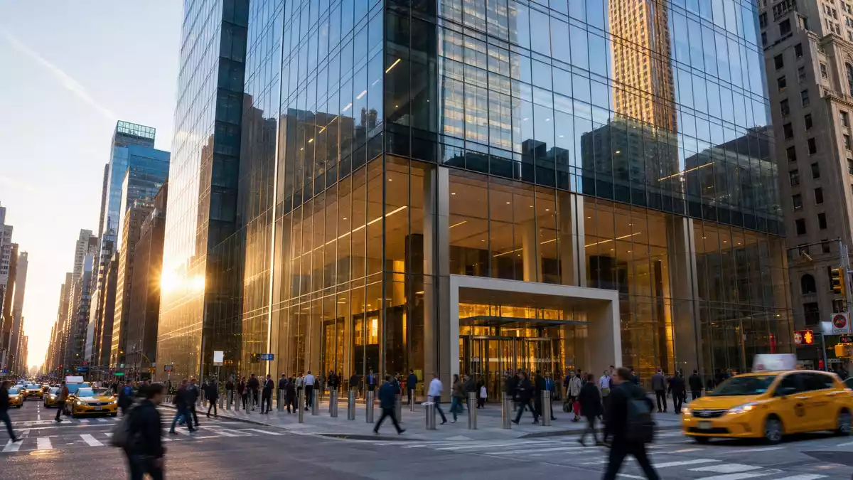Modernes Bürohochhaus in New York, Symbolbild für Finanzdienstleistungsunternehmen