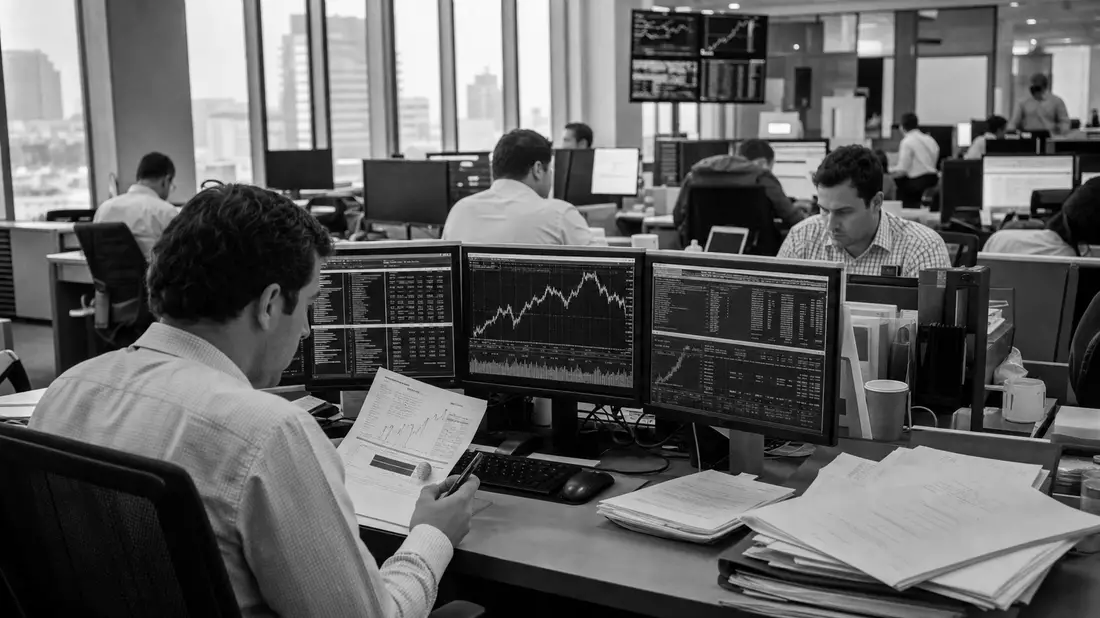 Schwarzweiß-Reportagefoto von Finanzanalysten in einem Büro bei der Arbeit