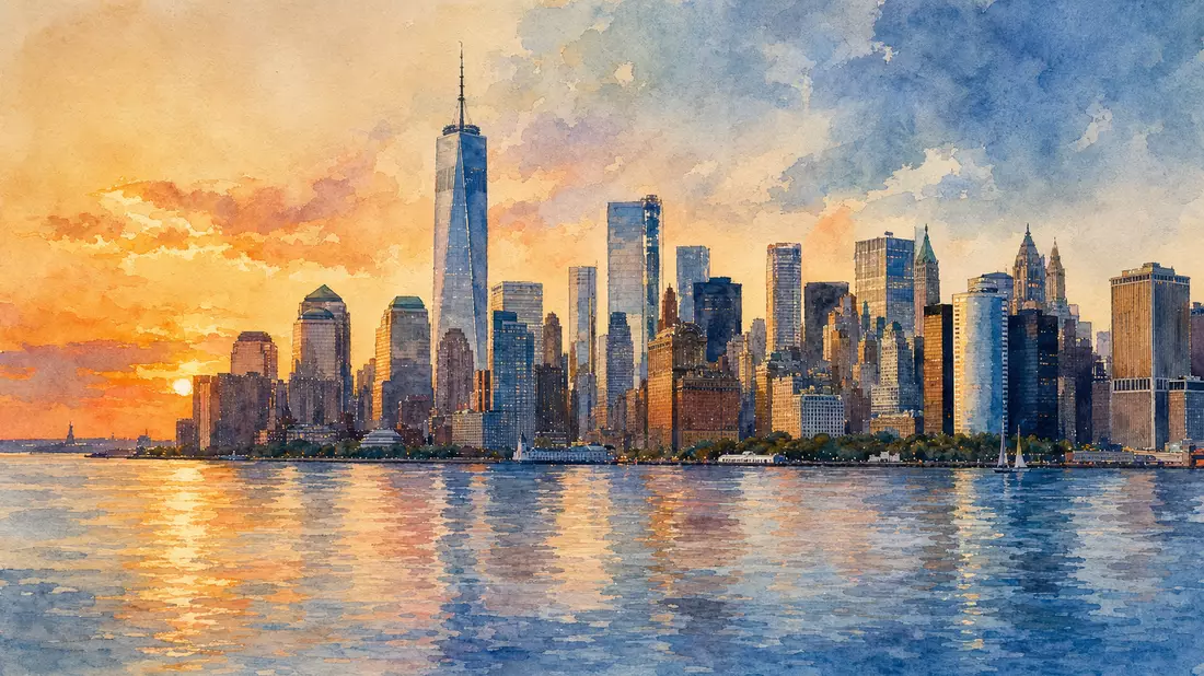 Aquarellbild der Skyline von New York City bei Sonnenuntergang