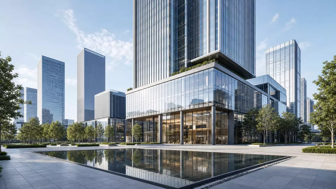 3D-Architekturrender eines modernen gläsernen Bürokomplexes