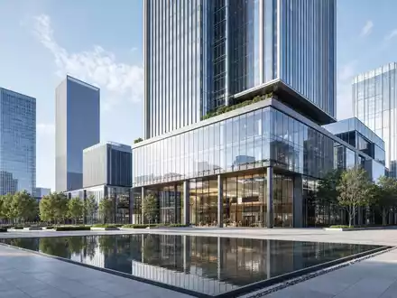 Architektonisches 3D-Render eines futuristischen Finanzzentrums visualisiert Moody's Corporation mit ISIN US6153691059 als modernen Bürokomplex - Foto: THN