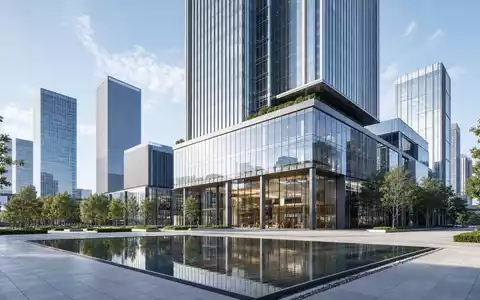 Architektonisches 3D-Render eines futuristischen Finanzzentrums visualisiert Moody's Corporation mit ISIN US6153691059 als modernen Bürokomplex - Foto: THN
