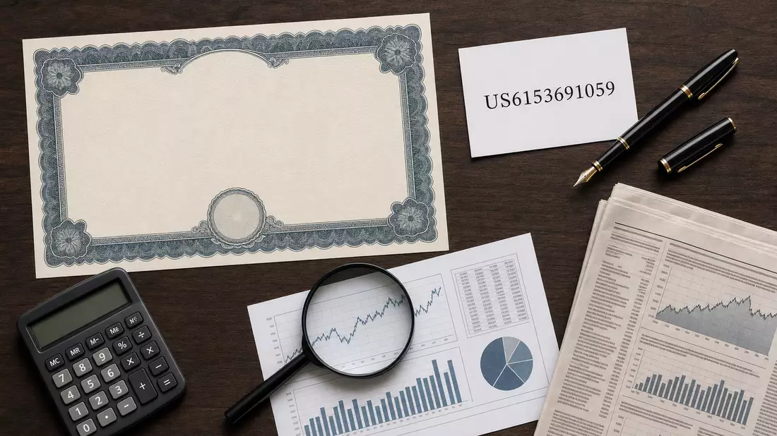 Flatlay mit Aktienzertifikat, Karte und Finanzutensilien auf einem Tisch