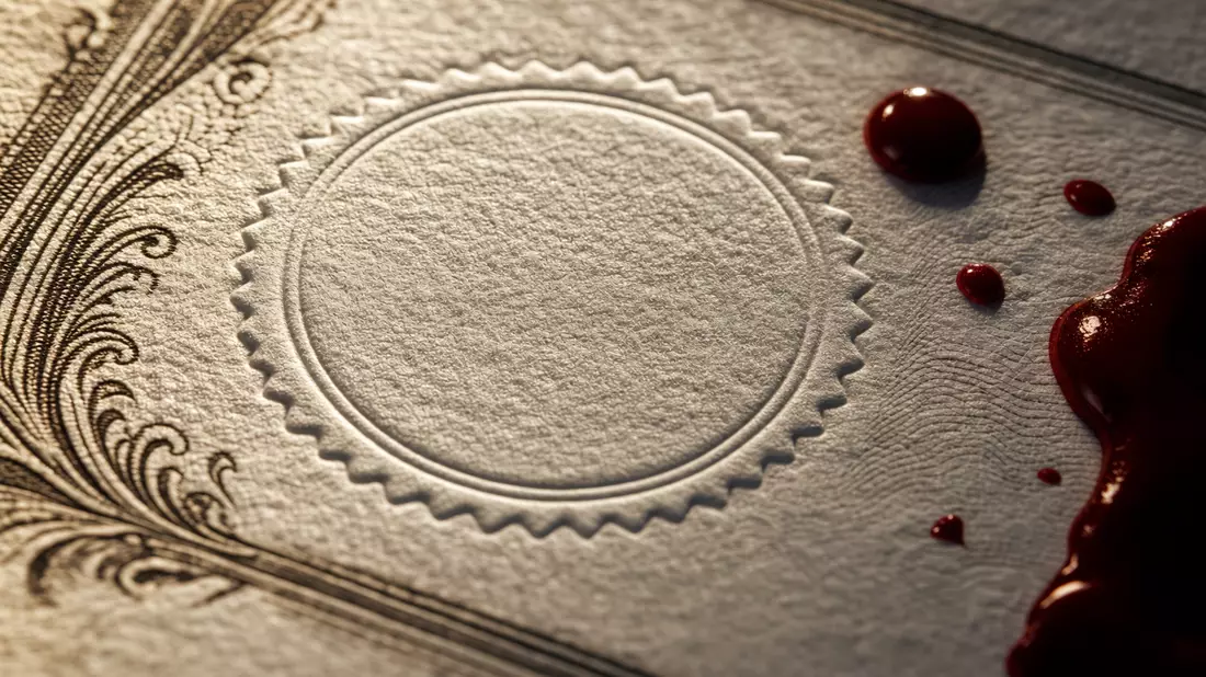Makroaufnahme von geprägtem Papier mit Siegelwachs und Tinte