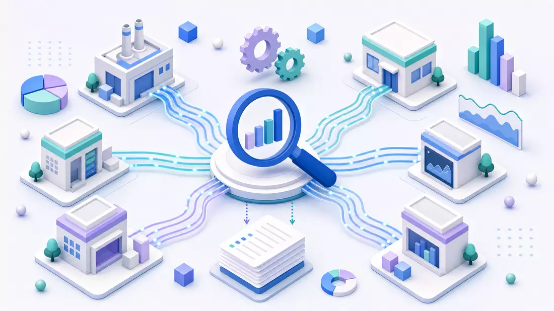 Isometrische 3D-Illustration einer Prozesskette mit Diagrammen und Symbolen