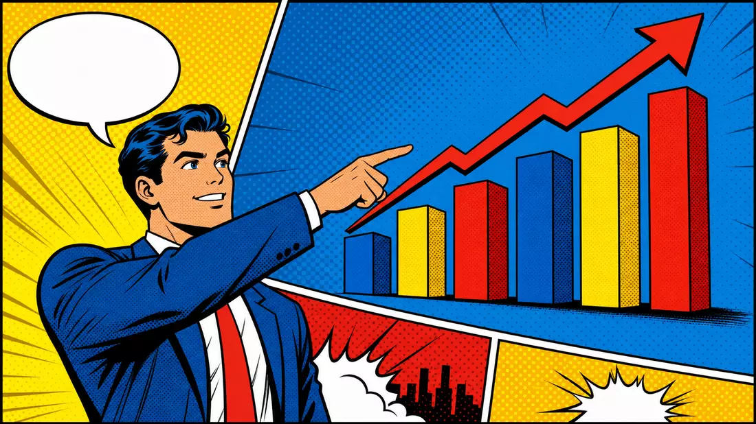 Pop-Art-Comic-Illustration einer Analystin vor Finanzdiagrammen