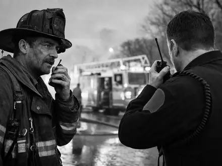 Motorola Solutions (ISIN US6200763075) Schwarzweiß-Reportage von Feuerwehrmann und Polizist mit Handfunkgeräten im Einsatz - Foto: THN