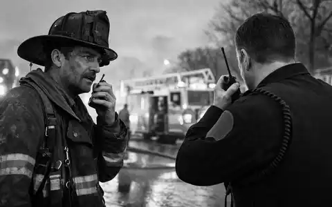 Motorola Solutions (ISIN US6200763075) Schwarzweiß-Reportage von Feuerwehrmann und Polizist mit Handfunkgeräten im Einsatz - Foto: THN