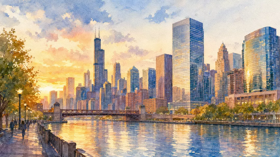 Aquarell Chicago Skyline am Fluss, Aktie Motorola Solutions