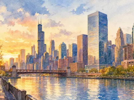 Motorola Solutions (ISIN US6200763075) Aquarellmalerei der Chicagoer Skyline entlang des Flussufers bei Sonnenuntergang - Foto: THN