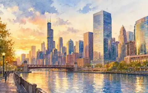 Motorola Solutions (ISIN US6200763075) Aquarellmalerei der Chicagoer Skyline entlang des Flussufers bei Sonnenuntergang - Foto: THN